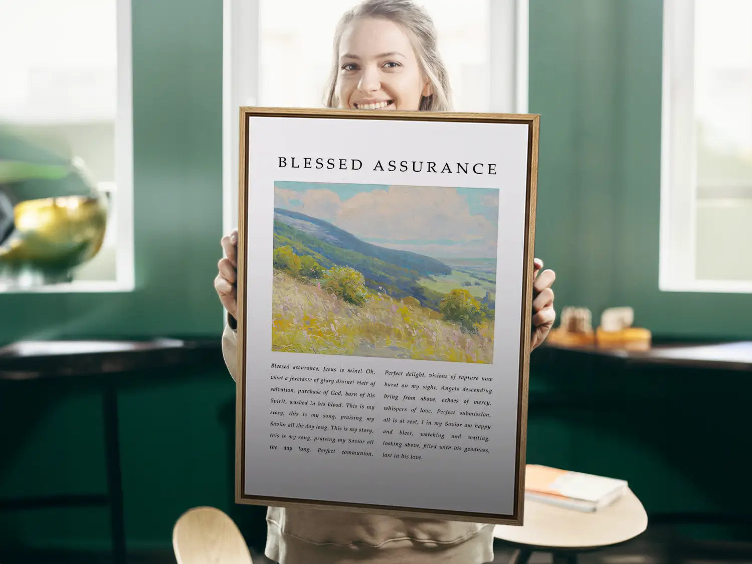 Fill your home with the joyful certainty of salvation with this inspiring Christian canvas wall art. This framed canvas print features the beloved lyrics of "Blessed Assurance," paired with a vibrant, peaceful landscape painting.