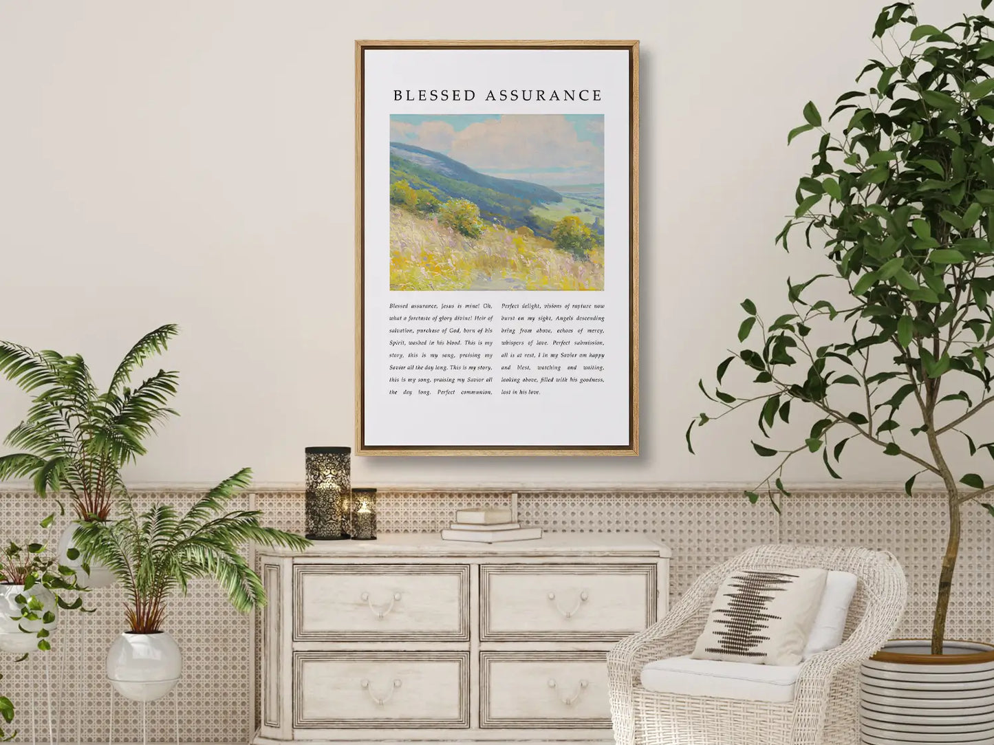 Fill your home with the joyful certainty of salvation with this inspiring Christian canvas wall art. This framed canvas print features the beloved lyrics of "Blessed Assurance," paired with a vibrant, peaceful landscape painting.