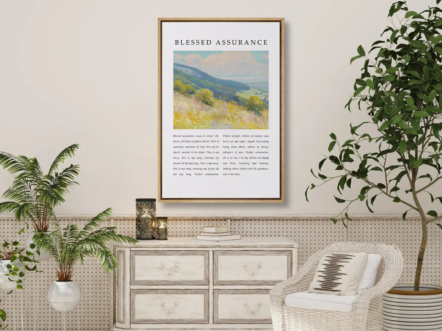 Fill your home with the joyful certainty of salvation with this inspiring Christian canvas wall art. This framed canvas print features the beloved lyrics of "Blessed Assurance," paired with a vibrant, peaceful landscape painting.