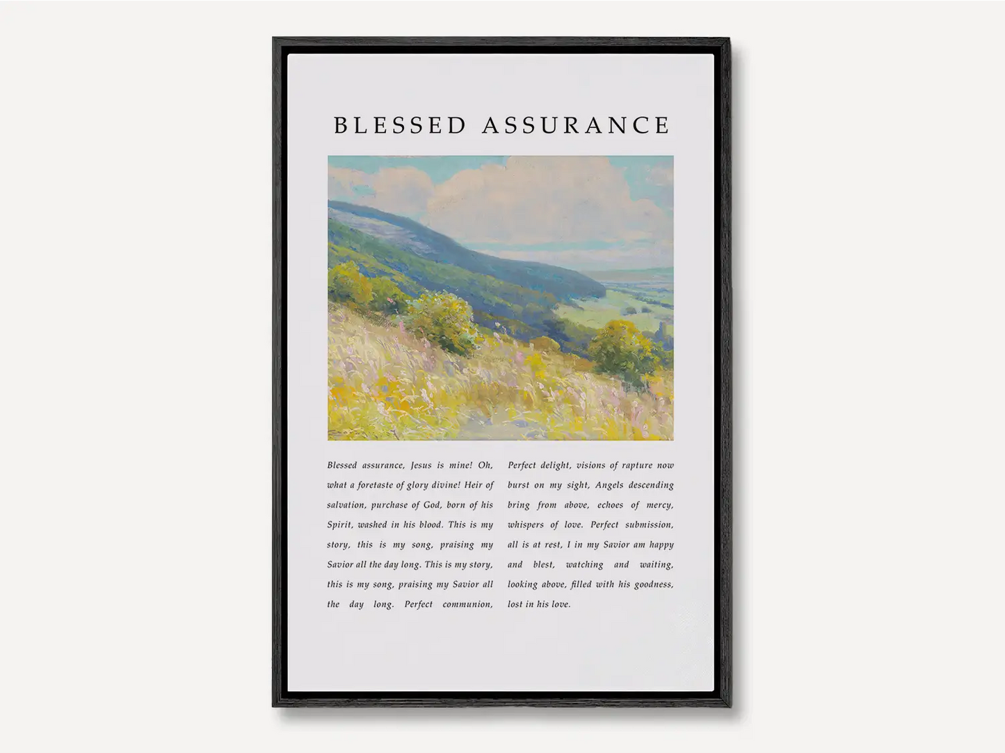 Fill your home with the joyful certainty of salvation with this inspiring Christian canvas wall art. This framed canvas print features the beloved lyrics of "Blessed Assurance," paired with a vibrant, peaceful landscape painting.