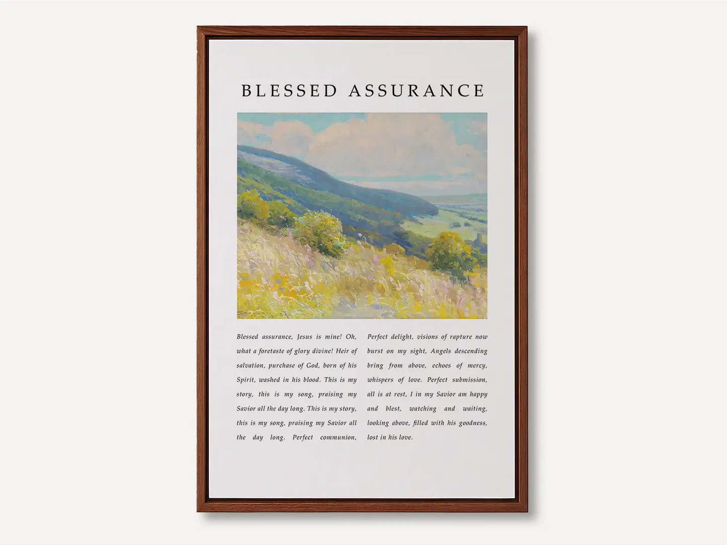 Fill your home with the joyful certainty of salvation with this inspiring Christian canvas wall art. This framed canvas print features the beloved lyrics of "Blessed Assurance," paired with a vibrant, peaceful landscape painting.