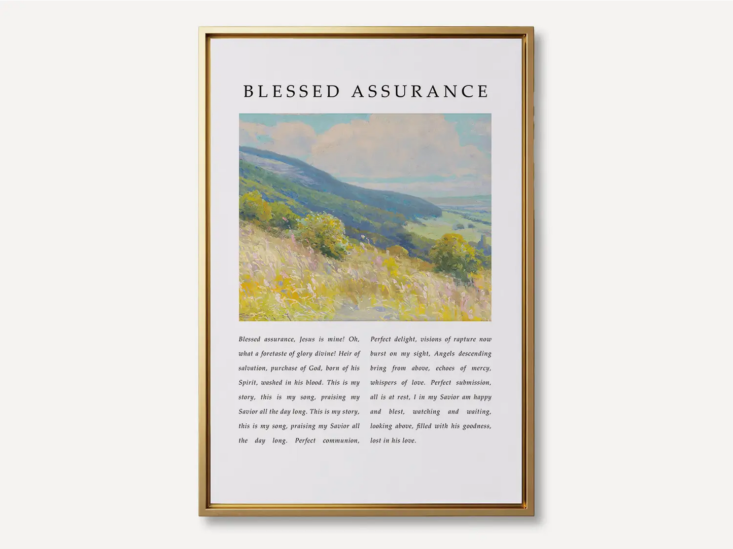 Fill your home with the joyful certainty of salvation with this inspiring Christian canvas wall art. This framed canvas print features the beloved lyrics of "Blessed Assurance," paired with a vibrant, peaceful landscape painting.