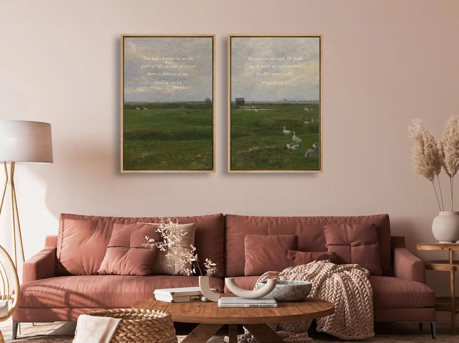 Anchor your home in serenity with this inspiring Christian wall art set. This collection of two framed scripture prints features calming pastoral landscapes paired with powerful promises of fullness of joy and restoration of the soul.