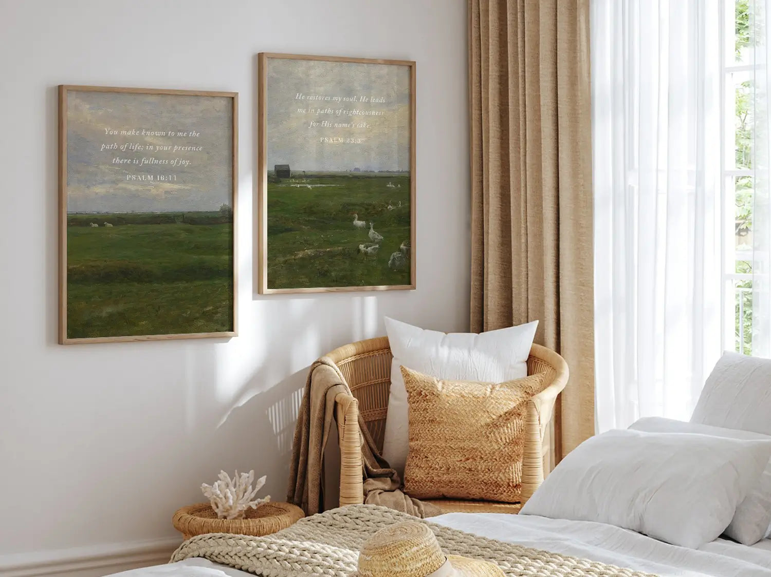 Anchor your home in serenity with this inspiring Christian wall art set. This collection of two framed scripture prints features calming pastoral landscapes paired with powerful promises of fullness of joy and restoration of the soul.