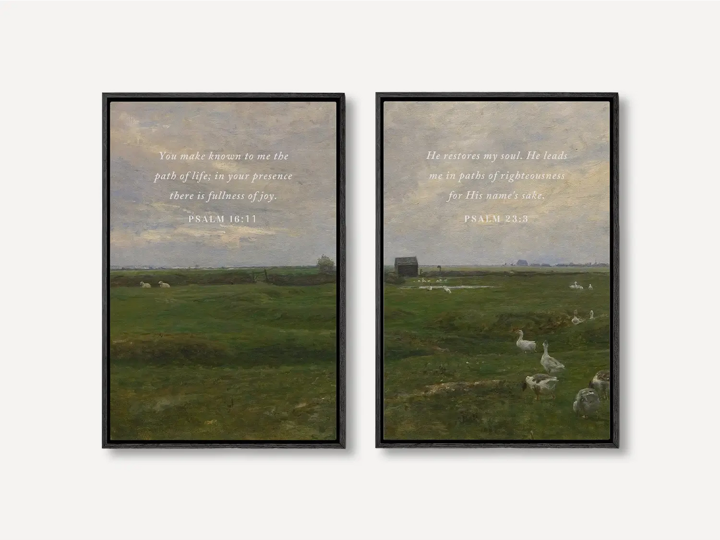 Anchor your home in serenity with this inspiring Christian wall art set. This collection of two framed scripture prints features calming pastoral landscapes paired with powerful promises of fullness of joy and restoration of the soul.