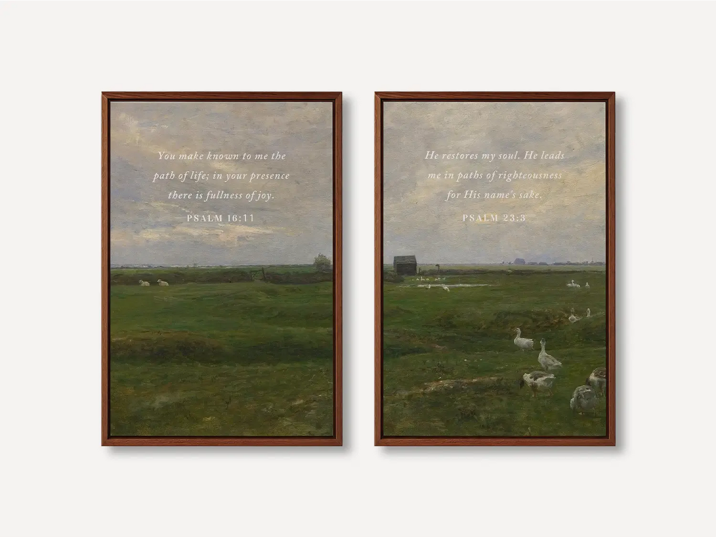 Anchor your home in serenity with this inspiring Christian wall art set. This collection of two framed scripture prints features calming pastoral landscapes paired with powerful promises of fullness of joy and restoration of the soul.