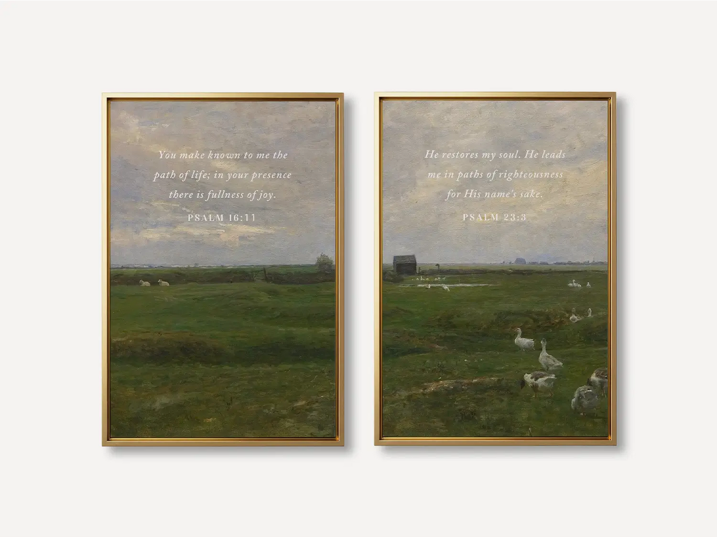 Anchor your home in serenity with this inspiring Christian wall art set. This collection of two framed scripture prints features calming pastoral landscapes paired with powerful promises of fullness of joy and restoration of the soul.