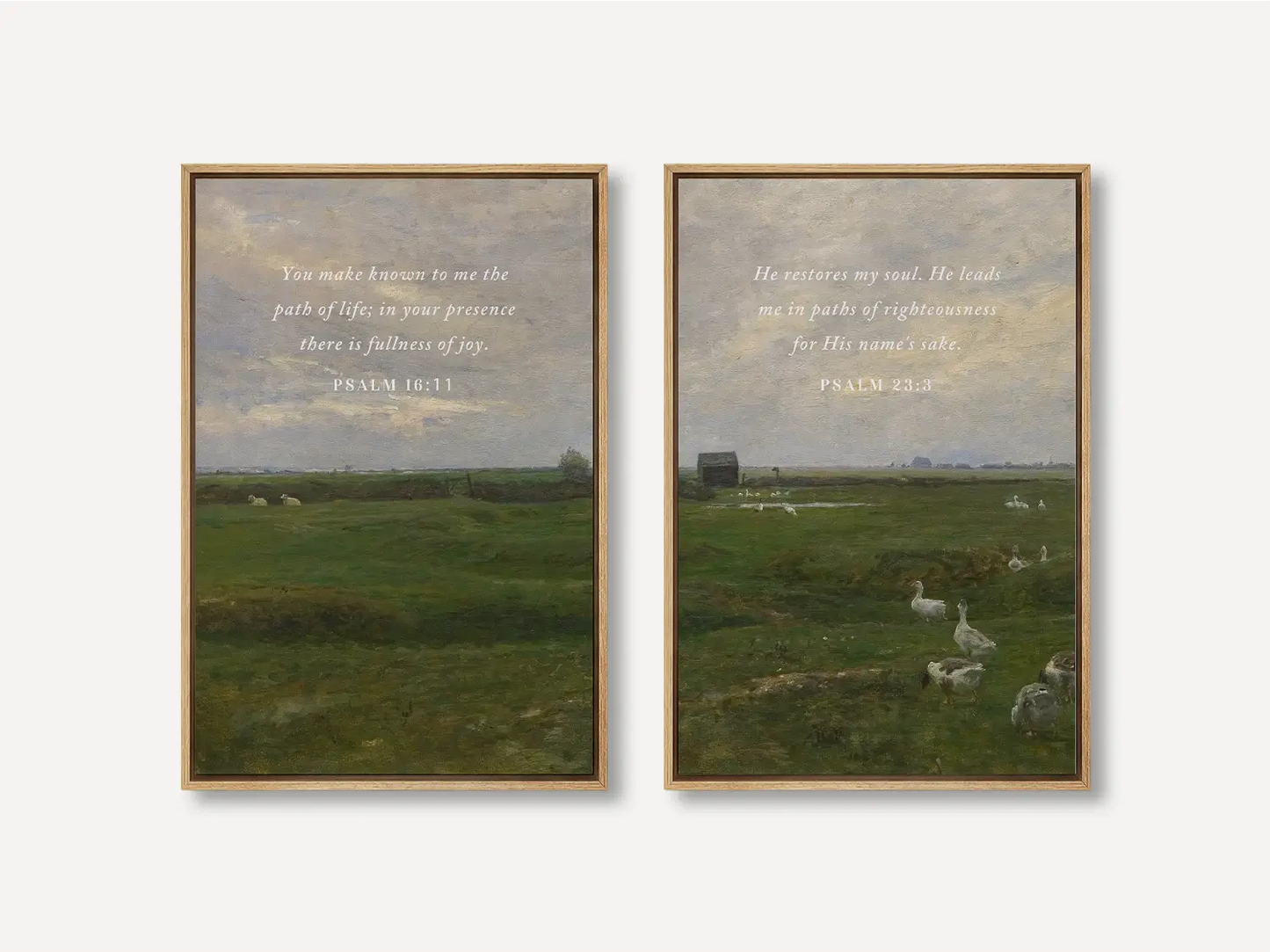 Anchor your home in serenity with this inspiring Christian wall art set. This collection of two framed scripture prints features calming pastoral landscapes paired with powerful promises of fullness of joy and restoration of the soul.