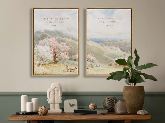 Bring the peace of Psalm 23 into your home with this inspiring Christian wall art set. This collection of two framed scripture prints features beautiful pastoral paintings and the comforting promise: The Lord is My Shepherd.
