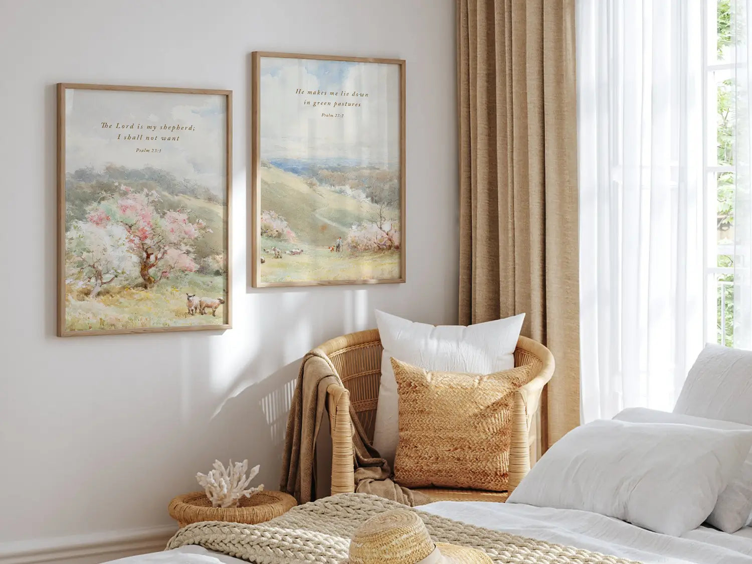 Bring the peace of Psalm 23 into your home with this inspiring Christian wall art set. This collection of two framed scripture prints features beautiful pastoral paintings and the comforting promise: The Lord is My Shepherd.