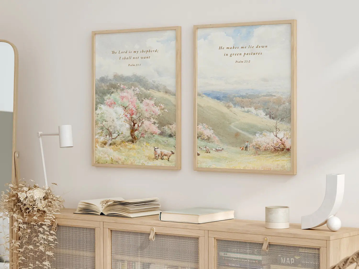 Bring the peace of Psalm 23 into your home with this inspiring Christian wall art set. This collection of two framed scripture prints features beautiful pastoral paintings and the comforting promise: The Lord is My Shepherd.