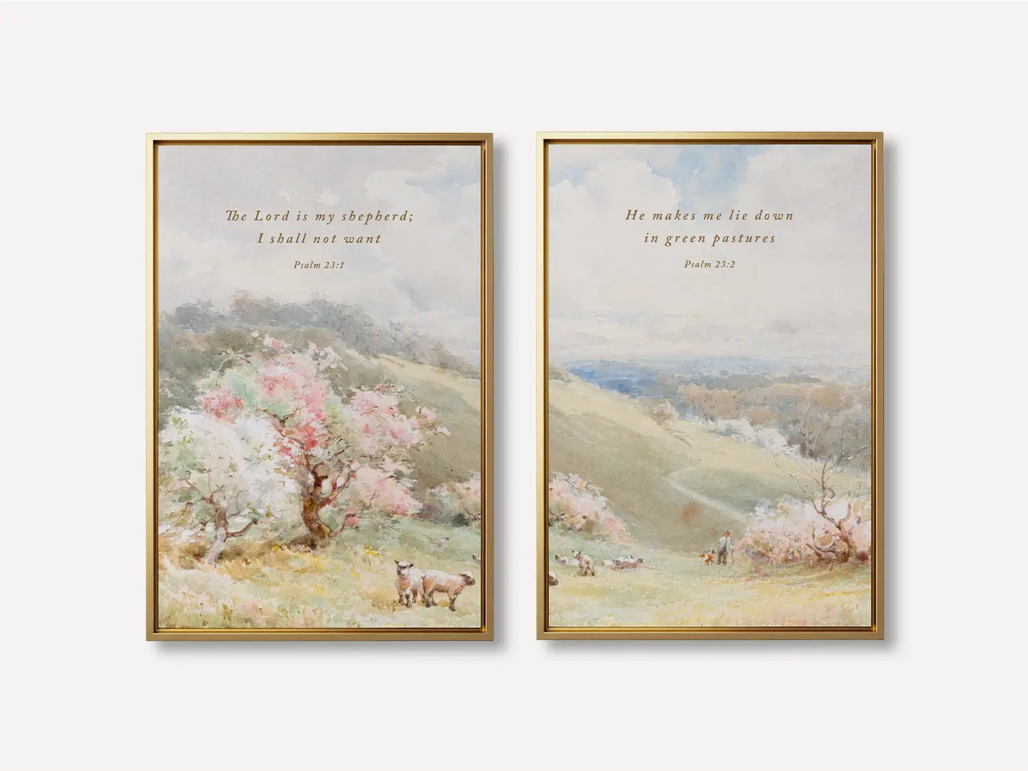 Bring the peace of Psalm 23 into your home with this inspiring Christian wall art set. This collection of two framed scripture prints features beautiful pastoral paintings and the comforting promise: The Lord is My Shepherd.