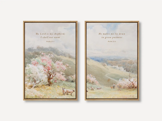 Bring the peace of Psalm 23 into your home with this inspiring Christian wall art set. This collection of two framed scripture prints features beautiful pastoral paintings and the comforting promise: The Lord is My Shepherd.