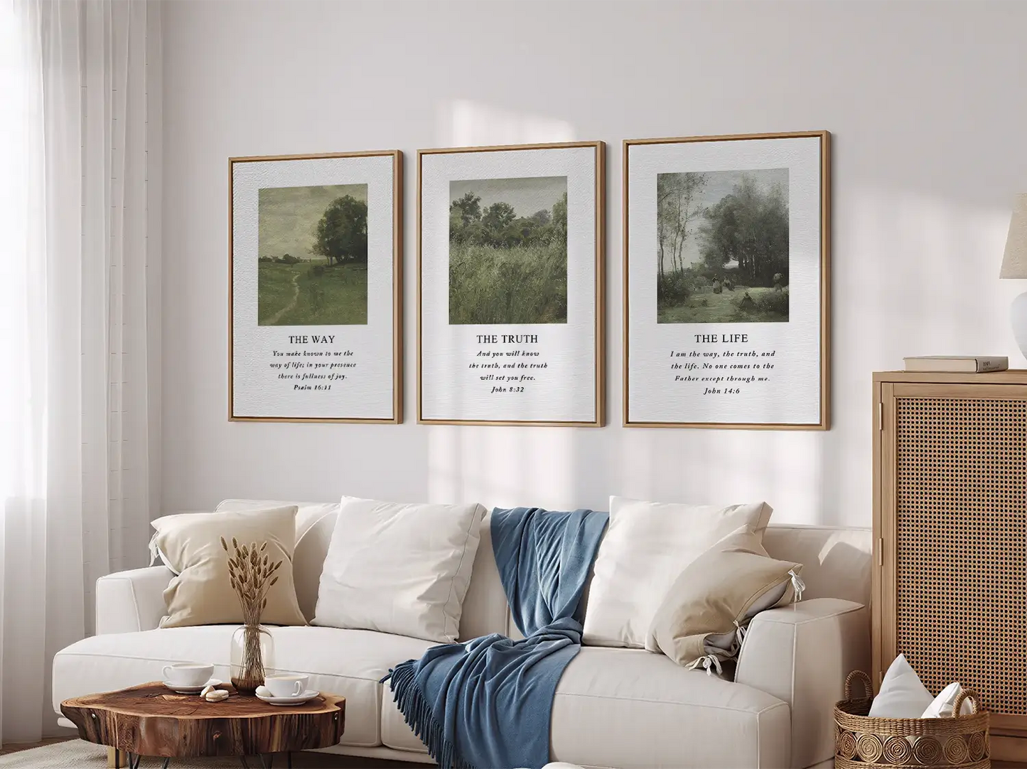 AbidePrint - Christian Wall Art Decor | 'The Way, The Truth, The Life' Set of 3 | Wooden Framed Scripture Prints