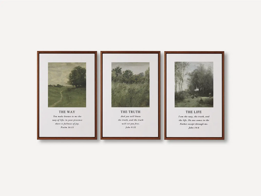 AbidePrint - Christian Wall Art Decor | 'The Way, The Truth, The Life' Set of 3 | Wooden Framed Scripture Prints