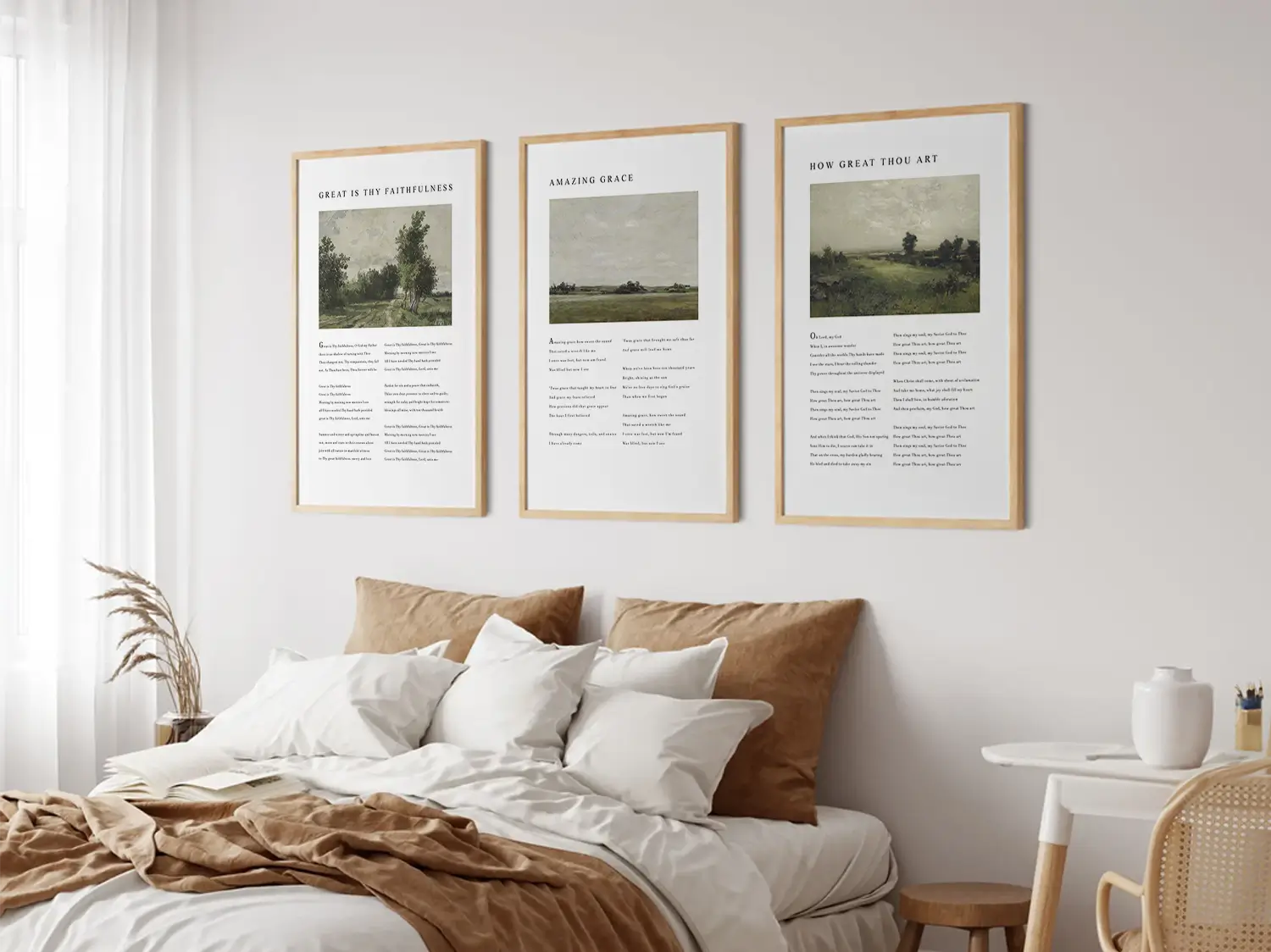 Bring peace to your home with this inspiring Christian wall art set. This collection of three framed scripture prints features serene, impressionist-style landscapes paired with comforting verses from the Psalms, reminding you of God's provision and protection.