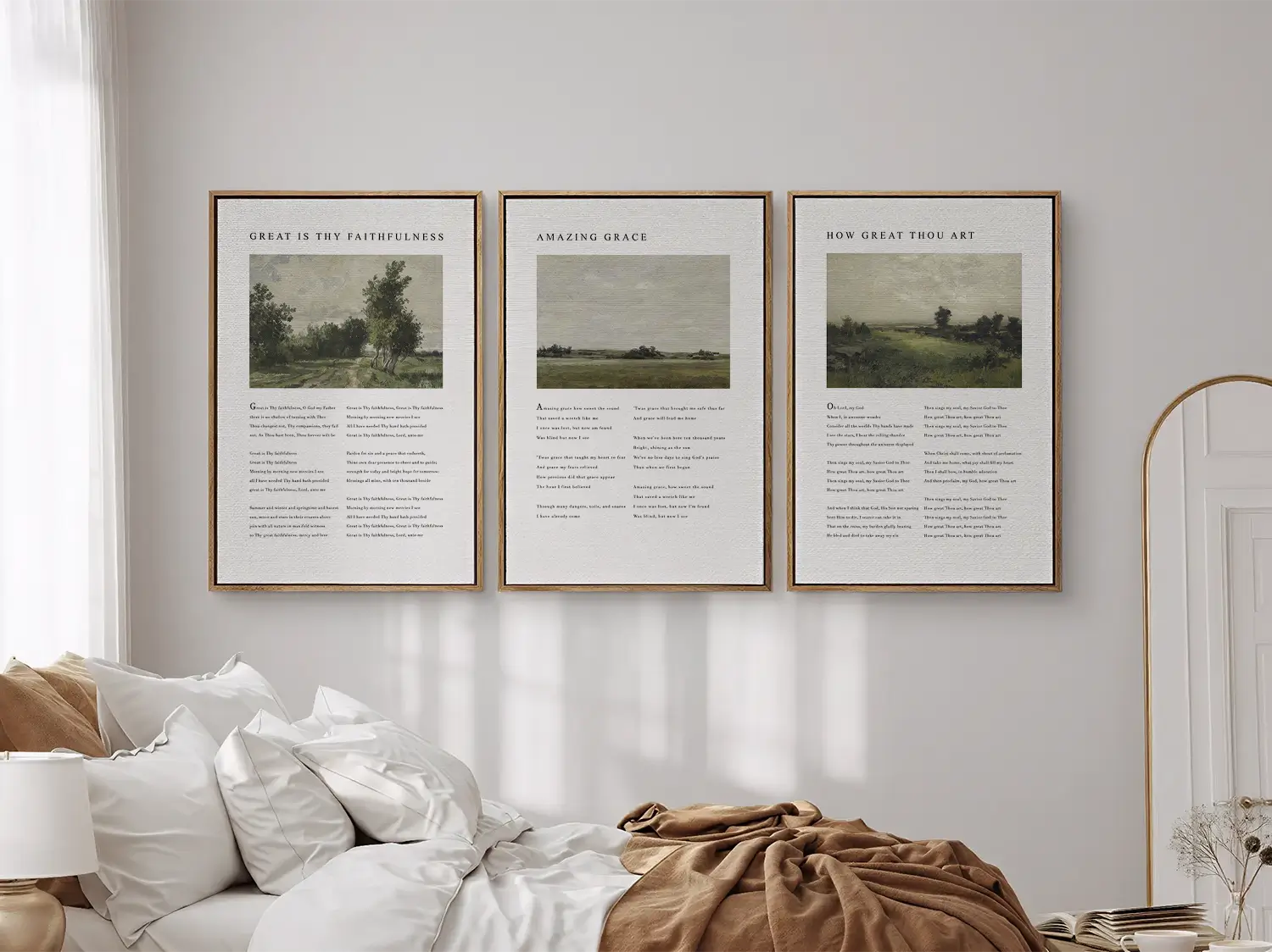 Bring peace to your home with this inspiring Christian wall art set. This collection of three framed scripture prints features serene, impressionist-style landscapes paired with comforting verses from the Psalms, reminding you of God's provision and protection.