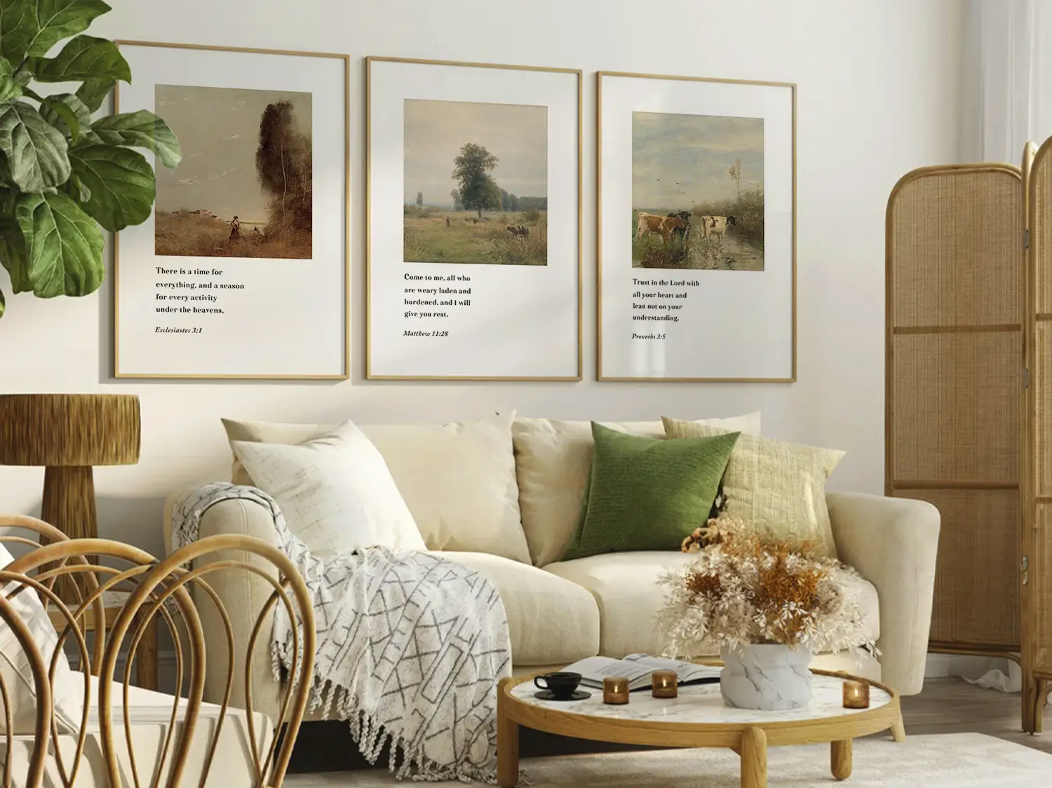 Discover peace with this inspiring Christian wall art set. This collection of three framed scripture prints features calming pastoral landscapes paired with powerful wisdom from the Bible, reminding you of God's perfect timing and provision.