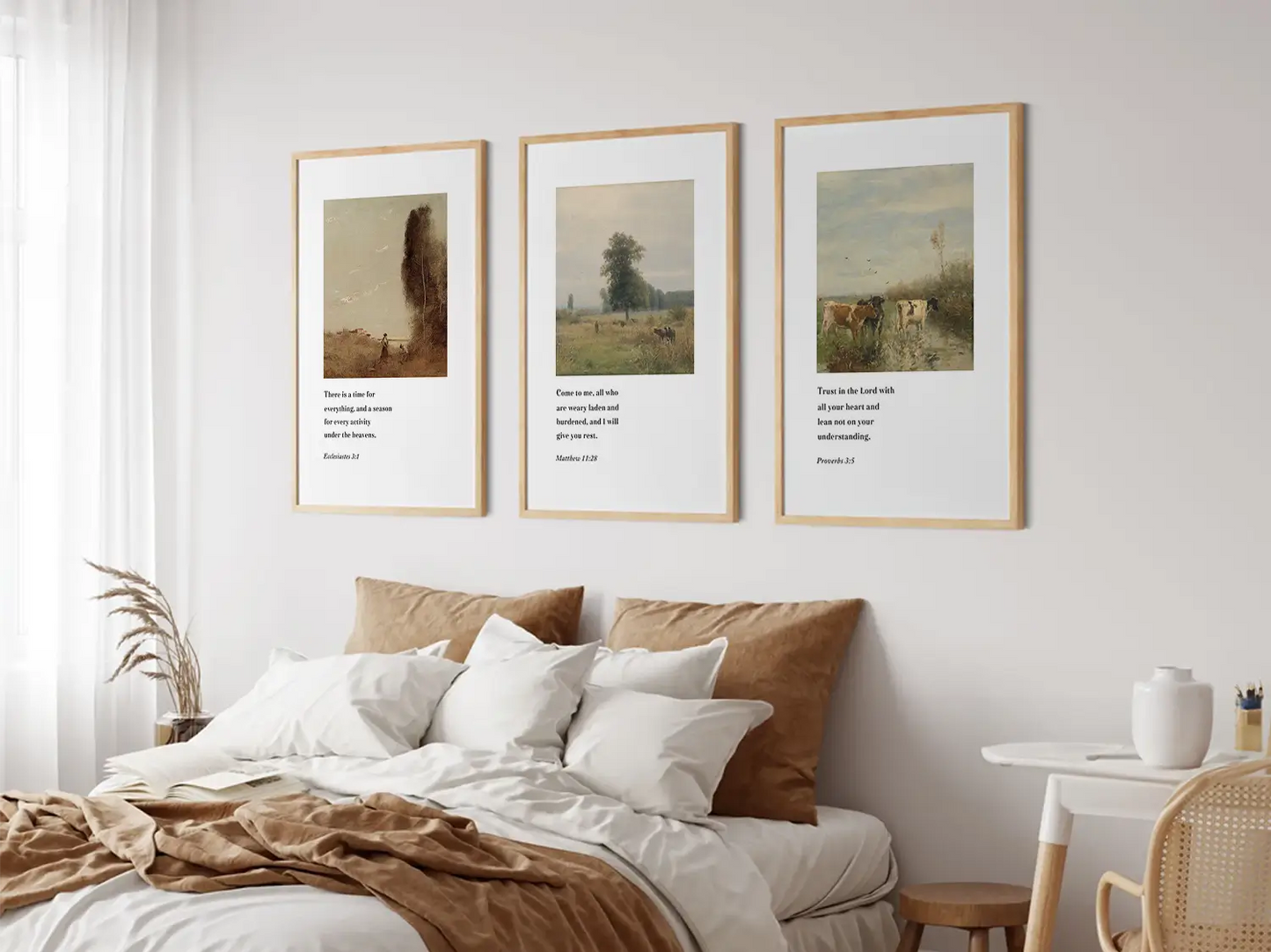 Discover peace with this inspiring Christian wall art set. This collection of three framed scripture prints features calming pastoral landscapes paired with powerful wisdom from the Bible, reminding you of God's perfect timing and provision.
