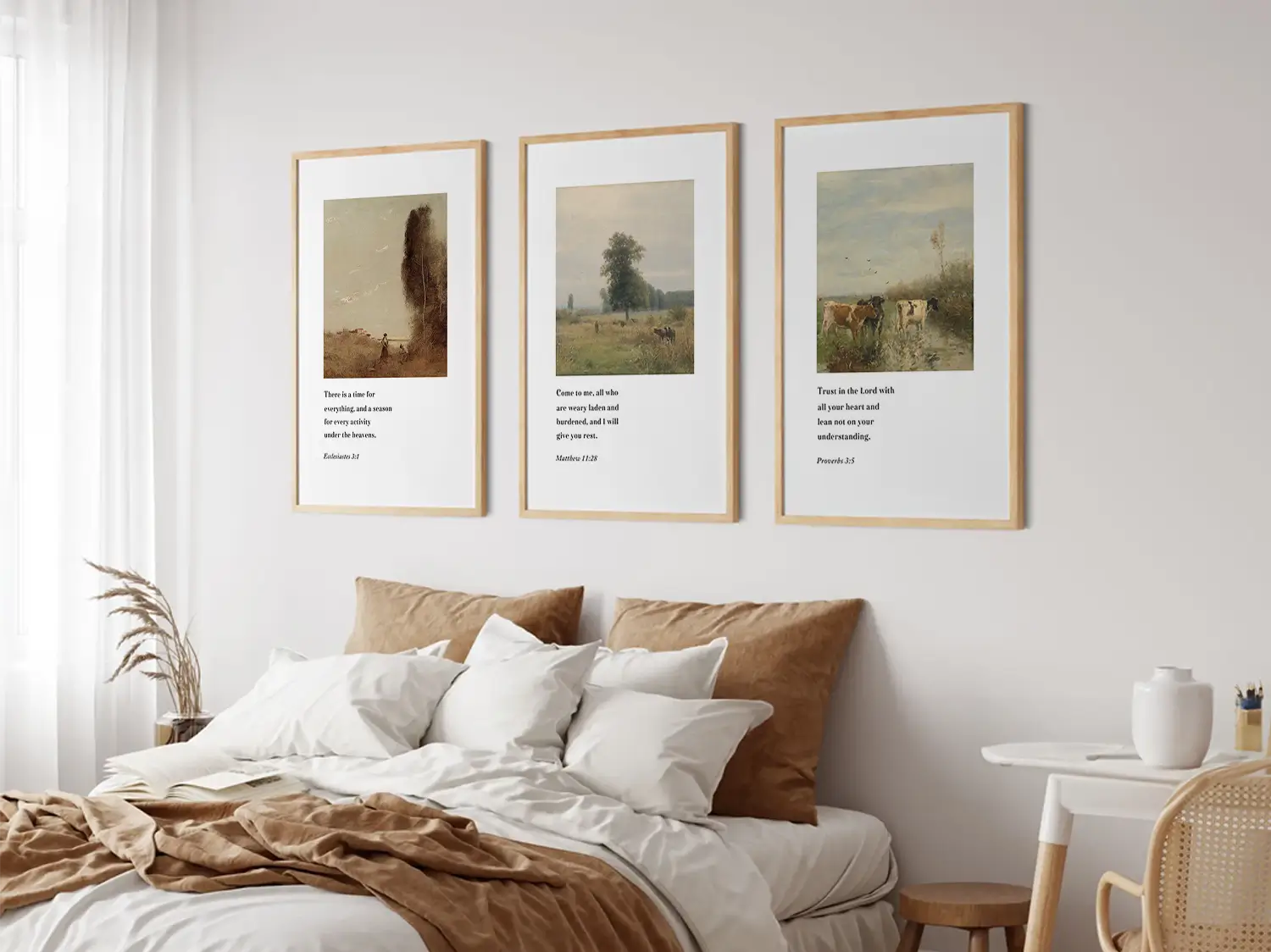 Discover peace with this inspiring Christian wall art set. This collection of three framed scripture prints features calming pastoral landscapes paired with powerful wisdom from the Bible, reminding you of God's perfect timing and provision.