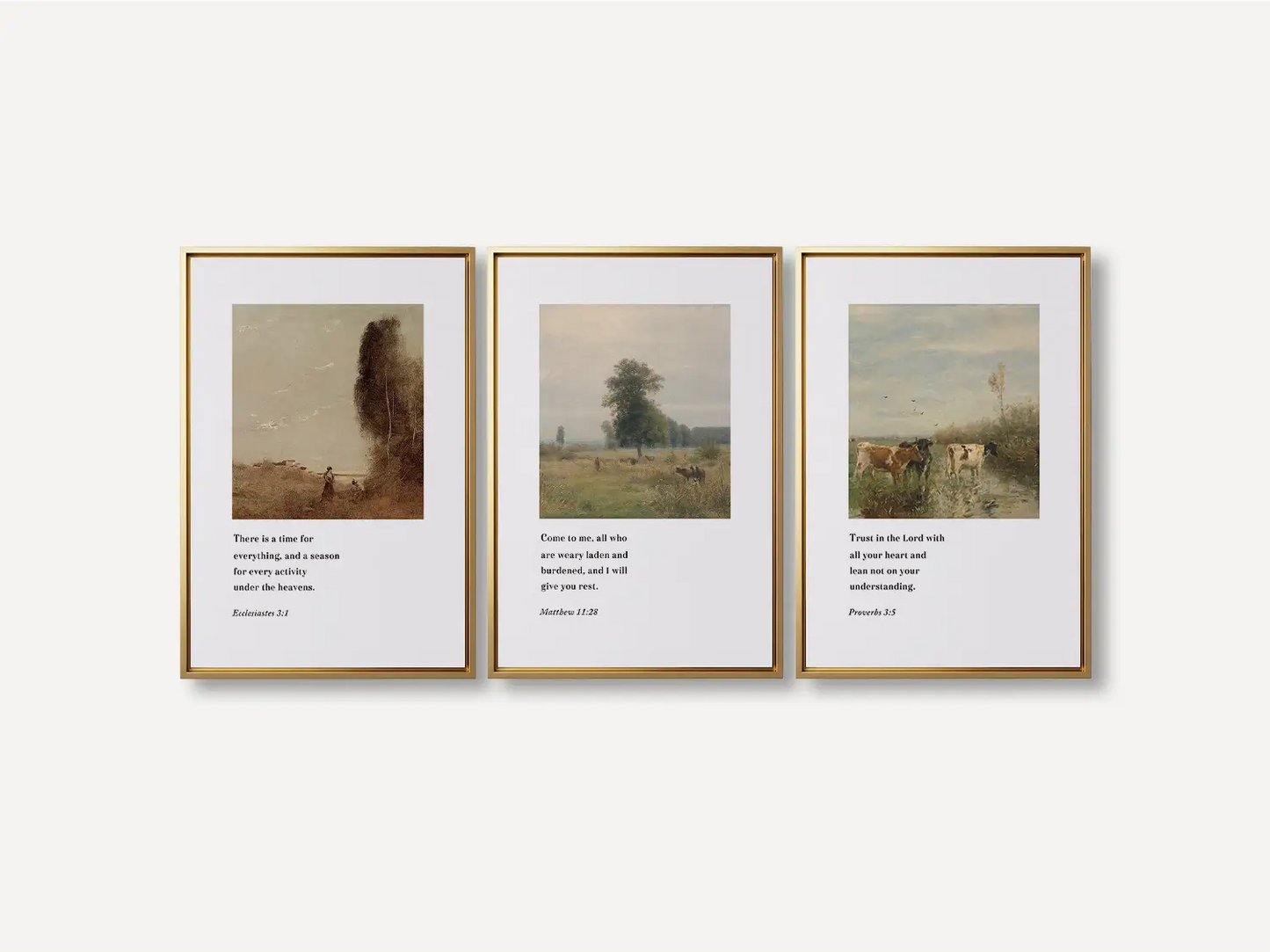Discover peace with this inspiring Christian wall art set. This collection of three framed scripture prints features calming pastoral landscapes paired with powerful wisdom from the Bible, reminding you of God's perfect timing and provision.