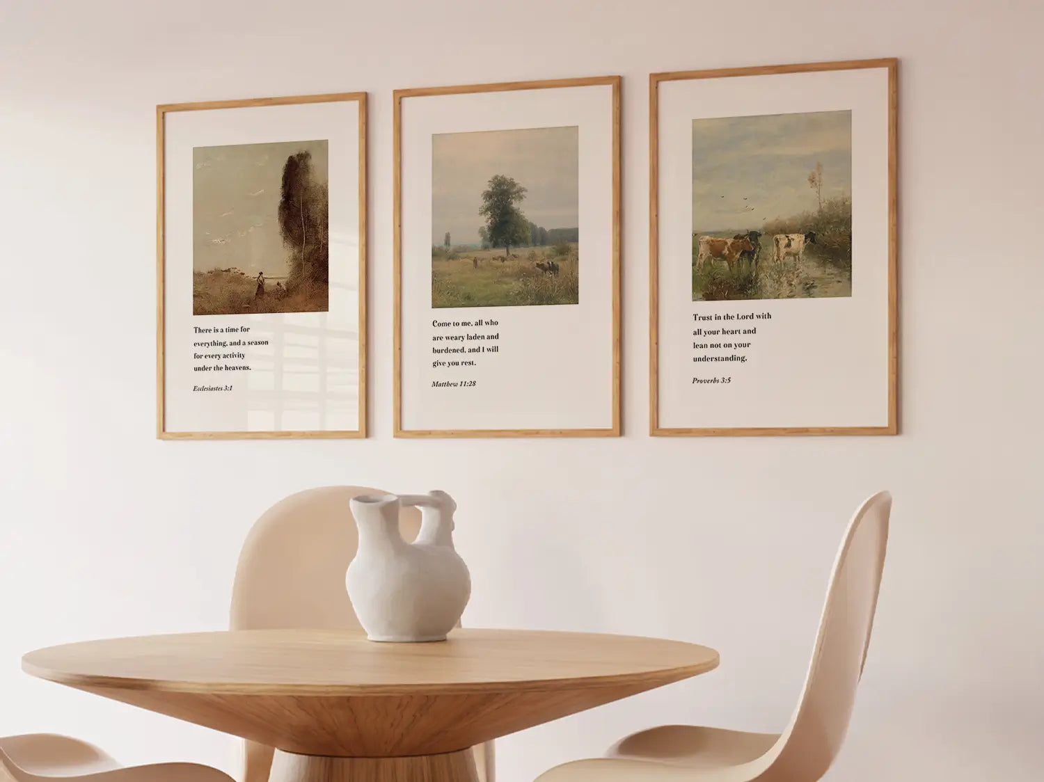 Discover peace with this inspiring Christian wall art set. This collection of three framed scripture prints features calming pastoral landscapes paired with powerful wisdom from the Bible, reminding you of God's perfect timing and provision.