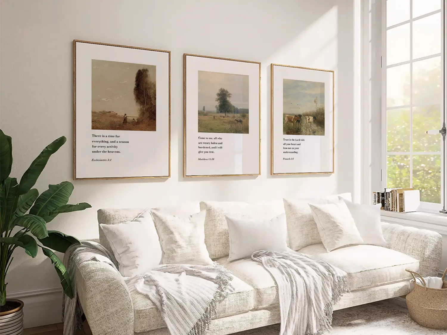 Discover peace with this inspiring Christian wall art set. This collection of three framed scripture prints features calming pastoral landscapes paired with powerful wisdom from the Bible, reminding you of God's perfect timing and provision.