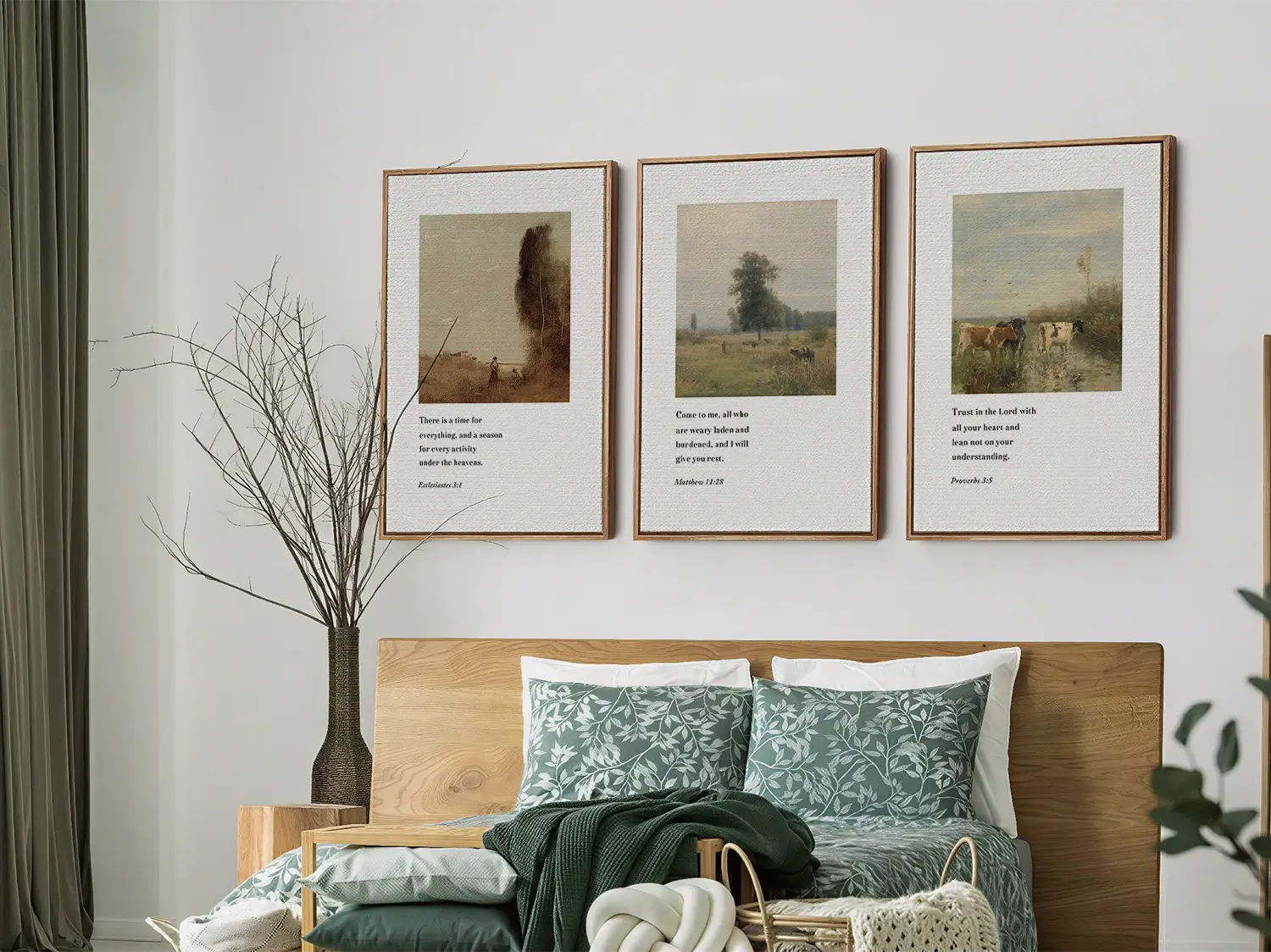 Discover peace with this inspiring Christian wall art set. This collection of three framed scripture prints features calming pastoral landscapes paired with powerful wisdom from the Bible, reminding you of God's perfect timing and provision.