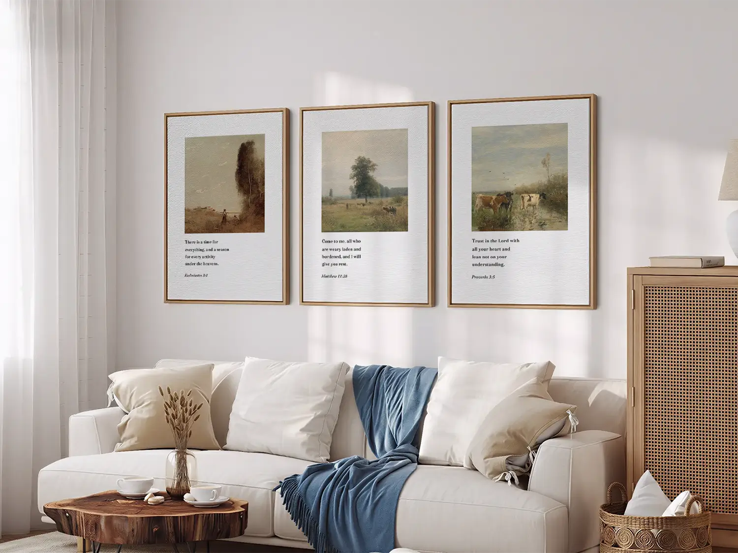 Discover peace with this inspiring Christian wall art set. This collection of three framed scripture prints features calming pastoral landscapes paired with powerful wisdom from the Bible, reminding you of God's perfect timing and provision.