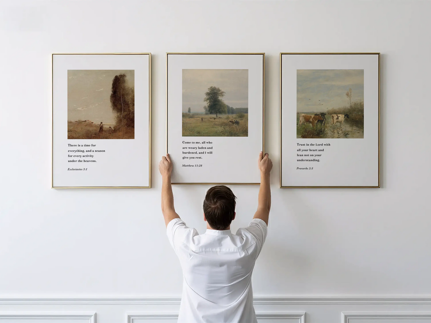 Discover peace with this inspiring Christian wall art set. This collection of three framed scripture prints features calming pastoral landscapes paired with powerful wisdom from the Bible, reminding you of God's perfect timing and provision.
