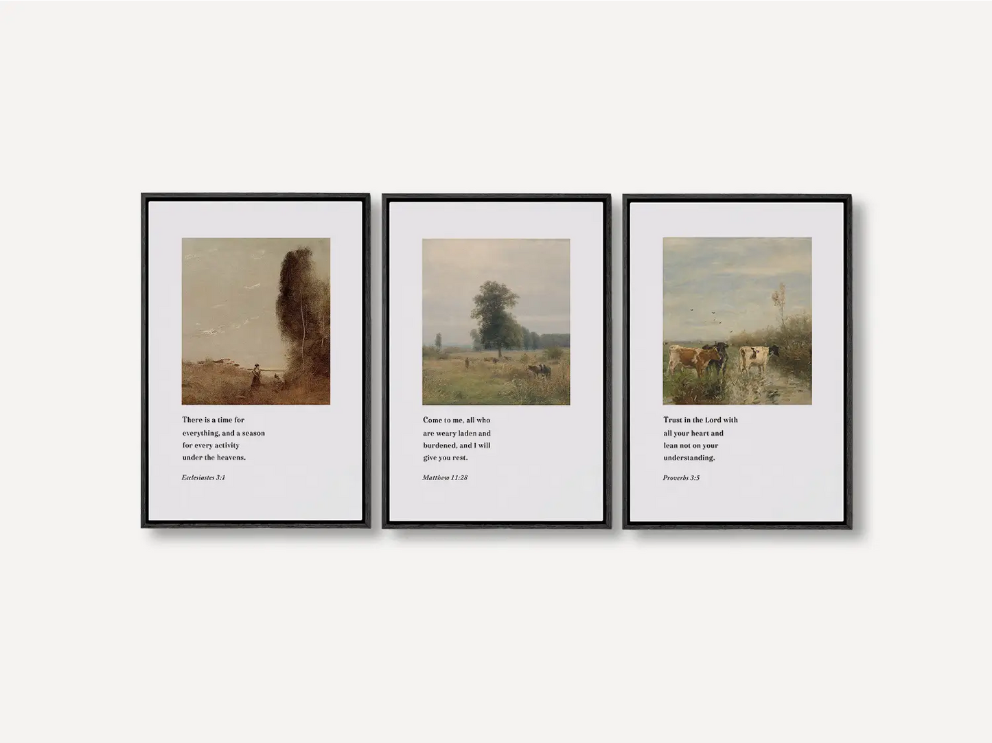 Discover peace with this inspiring Christian wall art set. This collection of three framed scripture prints features calming pastoral landscapes paired with powerful wisdom from the Bible, reminding you of God's perfect timing and provision.