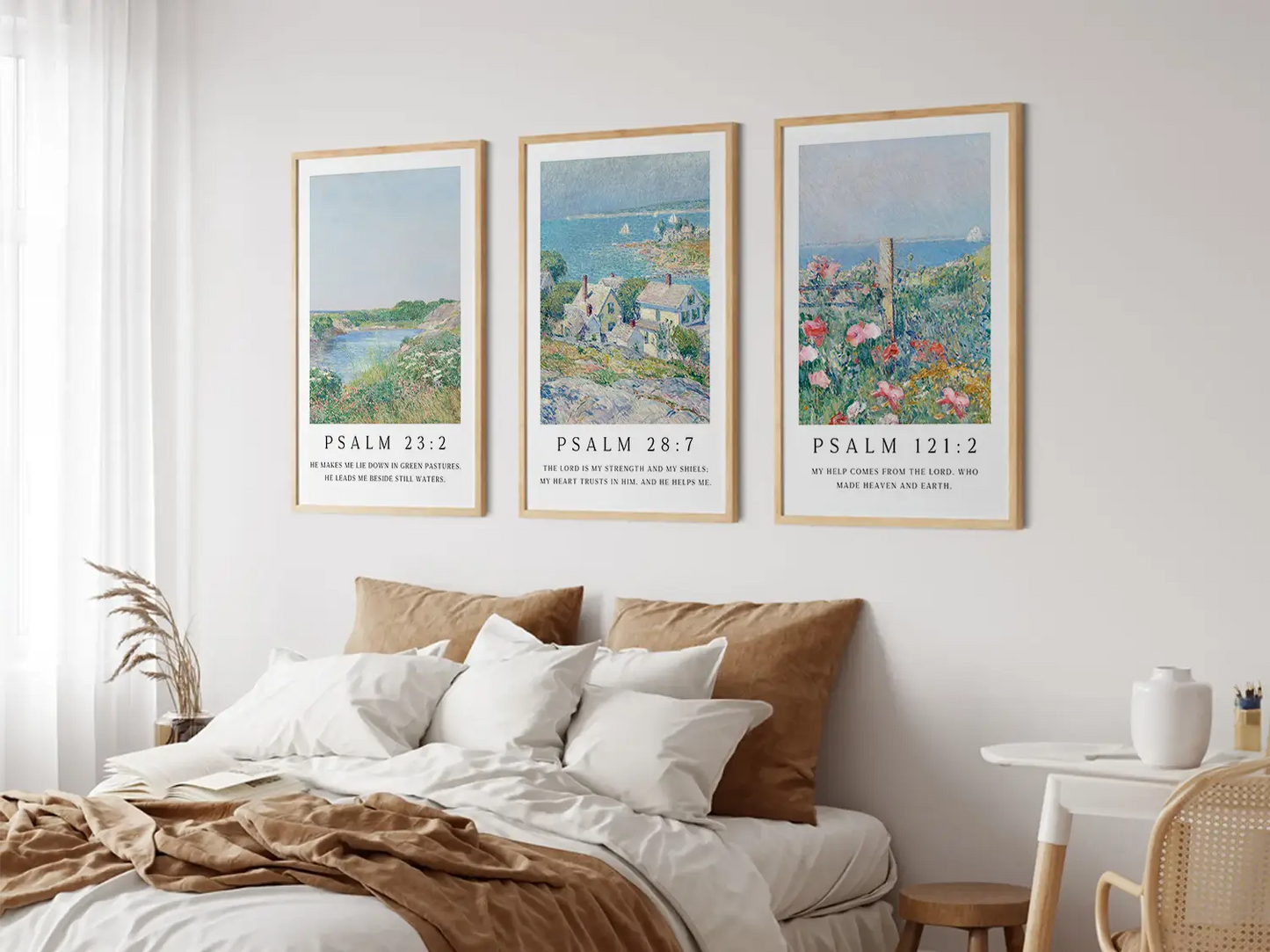 AbidePrint - Christian Wall Art Set of 3 | Psalm 23, Psalm 28, Psalm 121 Prints | Framed Impressionist Scripture