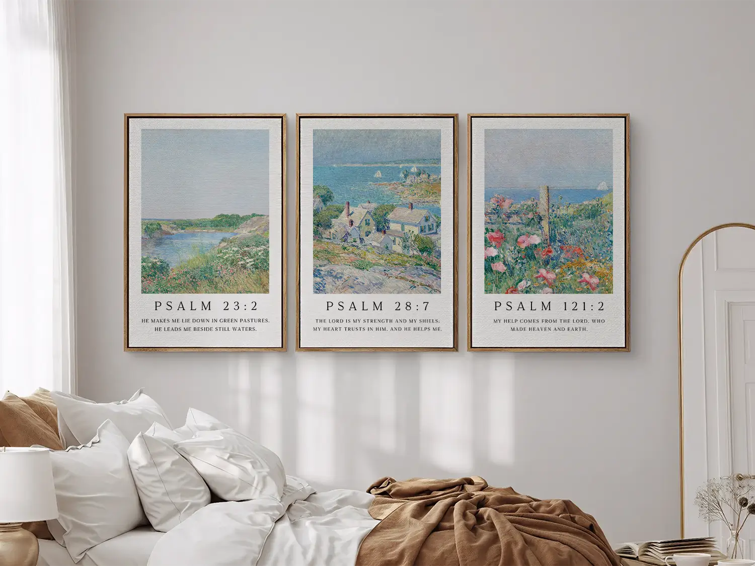 AbidePrint - Christian Wall Art Set of 3 | Psalm 23, Psalm 28, Psalm 121 Prints | Framed Impressionist Scripture