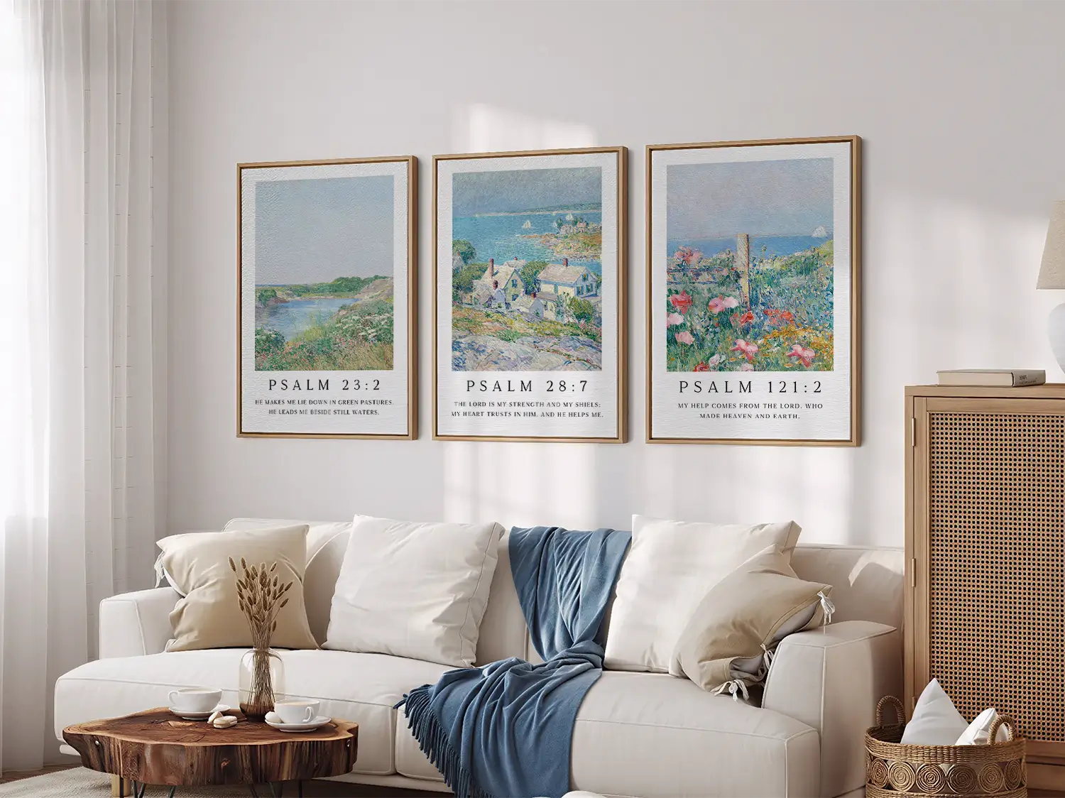 AbidePrint - Christian Wall Art Set of 3 | Psalm 23, Psalm 28, Psalm 121 Prints | Framed Impressionist Scripture