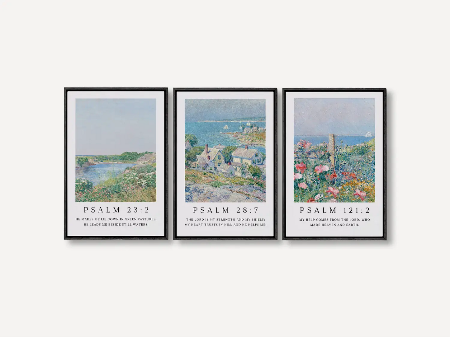 AbidePrint - Christian Wall Art Set of 3 | Psalm 23, Psalm 28, Psalm 121 Prints | Framed Impressionist Scripture