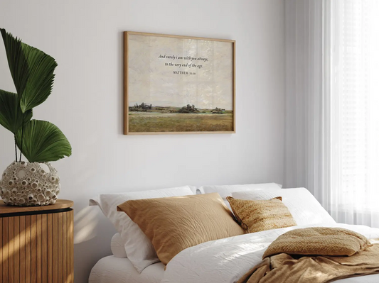 Anchor your faith in the promise of Christ's eternal presence with this inspiring Christian wall art. This framed print features a serene landscape painting paired with the comforting final words of Jesus: "And surely I am with you always, to the very end of the age."