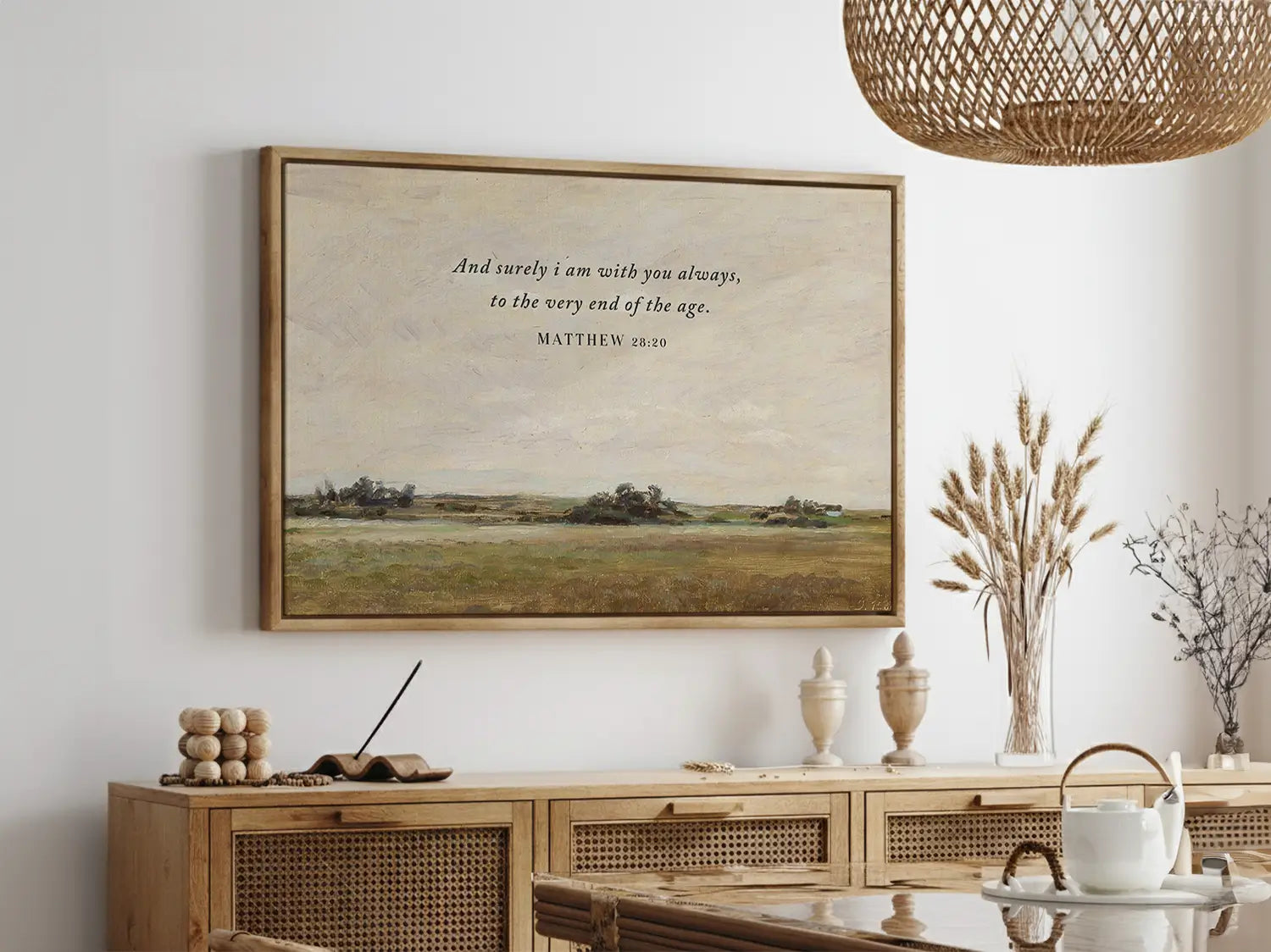 Anchor your faith in the promise of Christ's eternal presence with this inspiring Christian wall art. This framed print features a serene landscape painting paired with the comforting final words of Jesus: "And surely I am with you always, to the very end of the age."