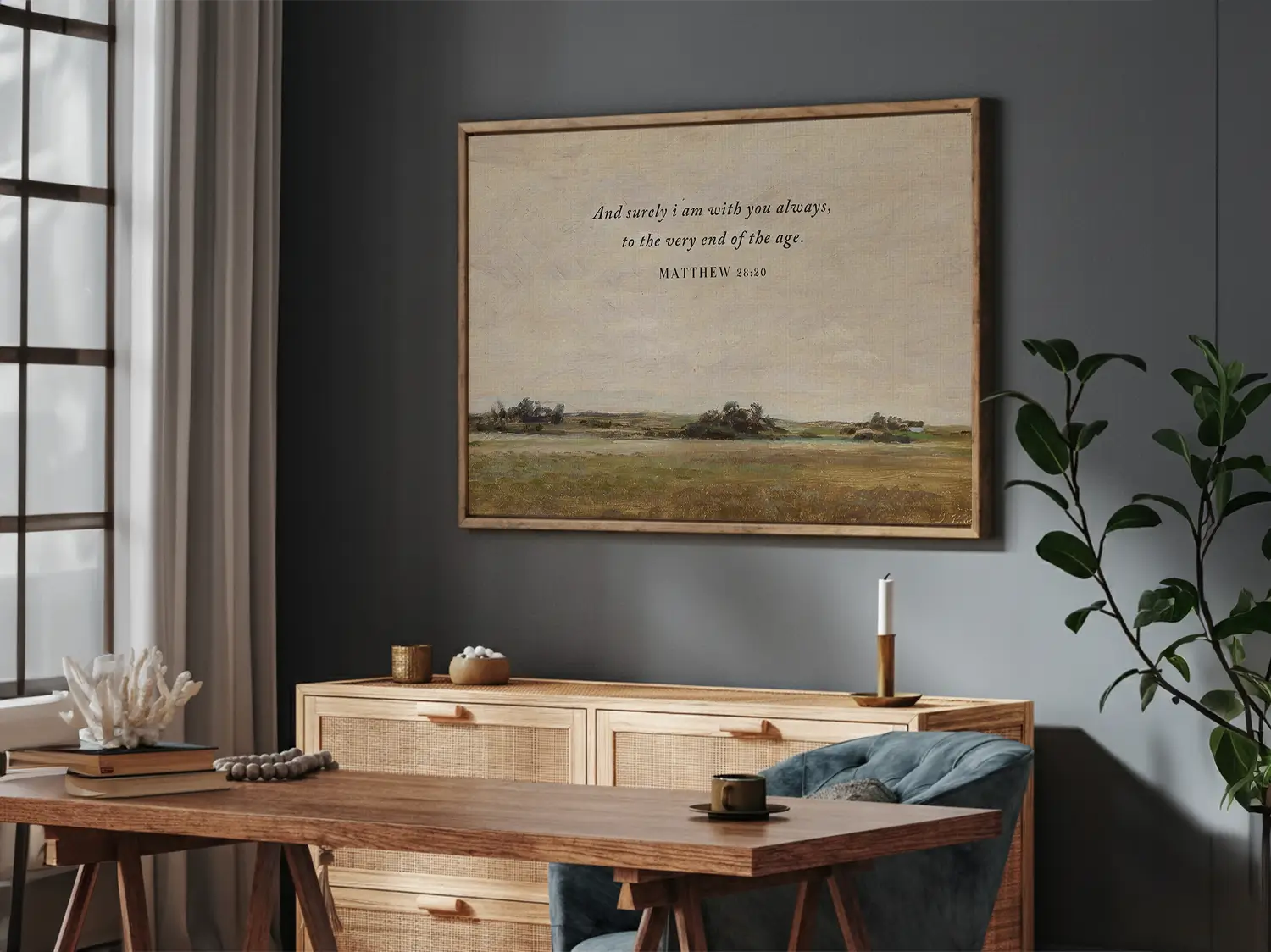 Anchor your faith in the promise of Christ's eternal presence with this inspiring Christian wall art. This framed print features a serene landscape painting paired with the comforting final words of Jesus: "And surely I am with you always, to the very end of the age."