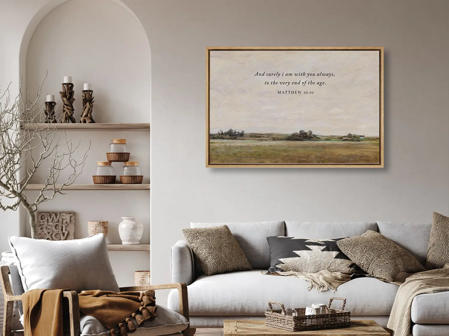 Anchor your faith in the promise of Christ's eternal presence with this inspiring Christian wall art. This framed print features a serene landscape painting paired with the comforting final words of Jesus: "And surely I am with you always, to the very end of the age."