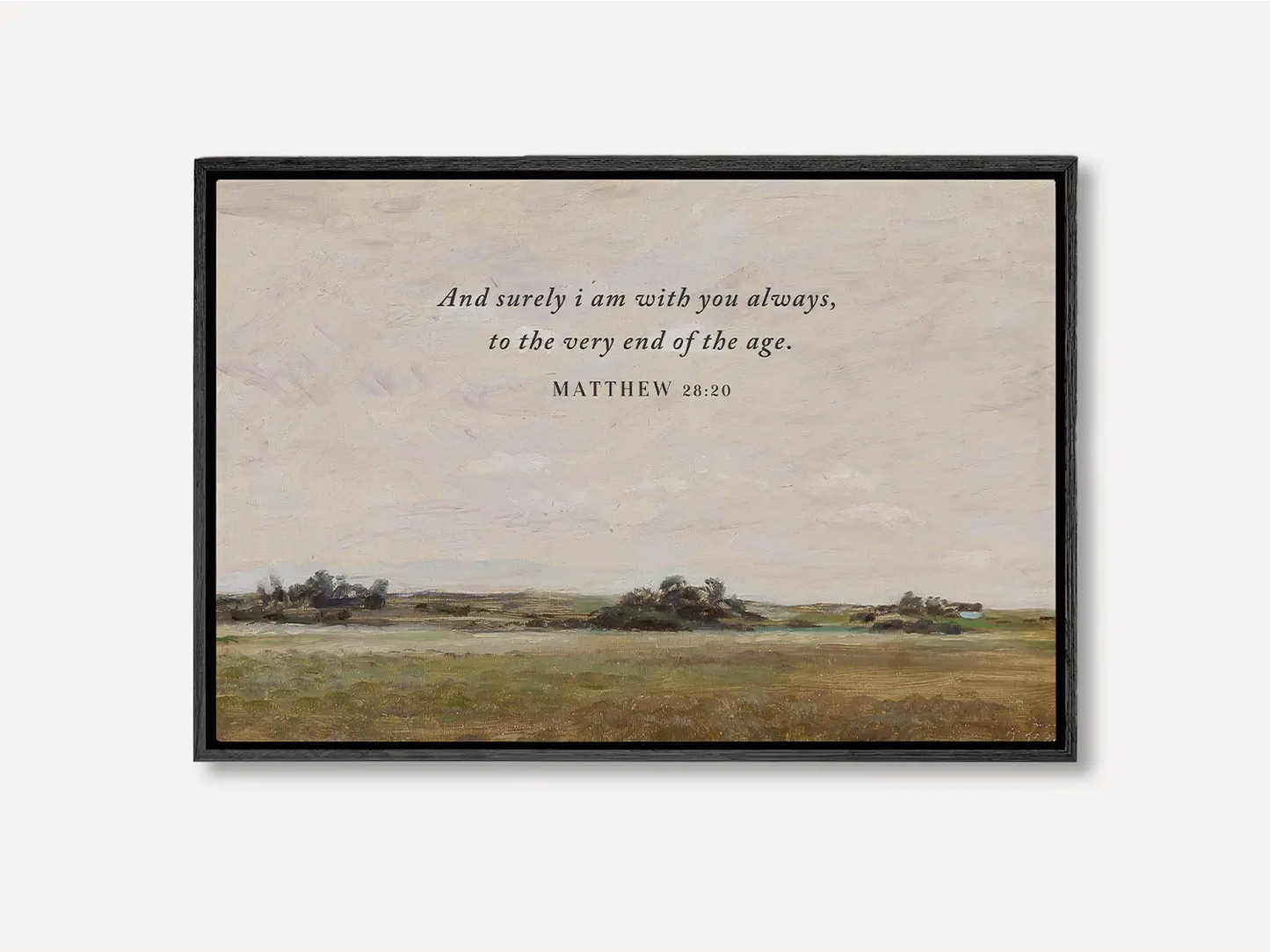 Anchor your faith in the promise of Christ's eternal presence with this inspiring Christian wall art. This framed print features a serene landscape painting paired with the comforting final words of Jesus: "And surely I am with you always, to the very end of the age."