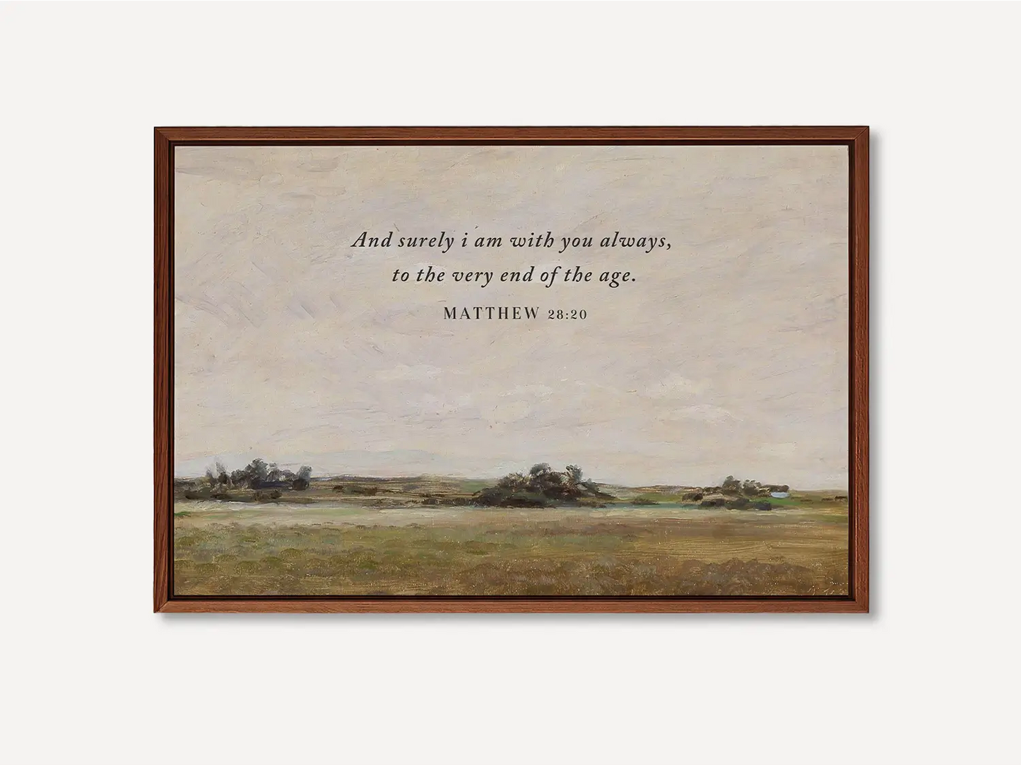 Anchor your faith in the promise of Christ's eternal presence with this inspiring Christian wall art. This framed print features a serene landscape painting paired with the comforting final words of Jesus: "And surely I am with you always, to the very end of the age."