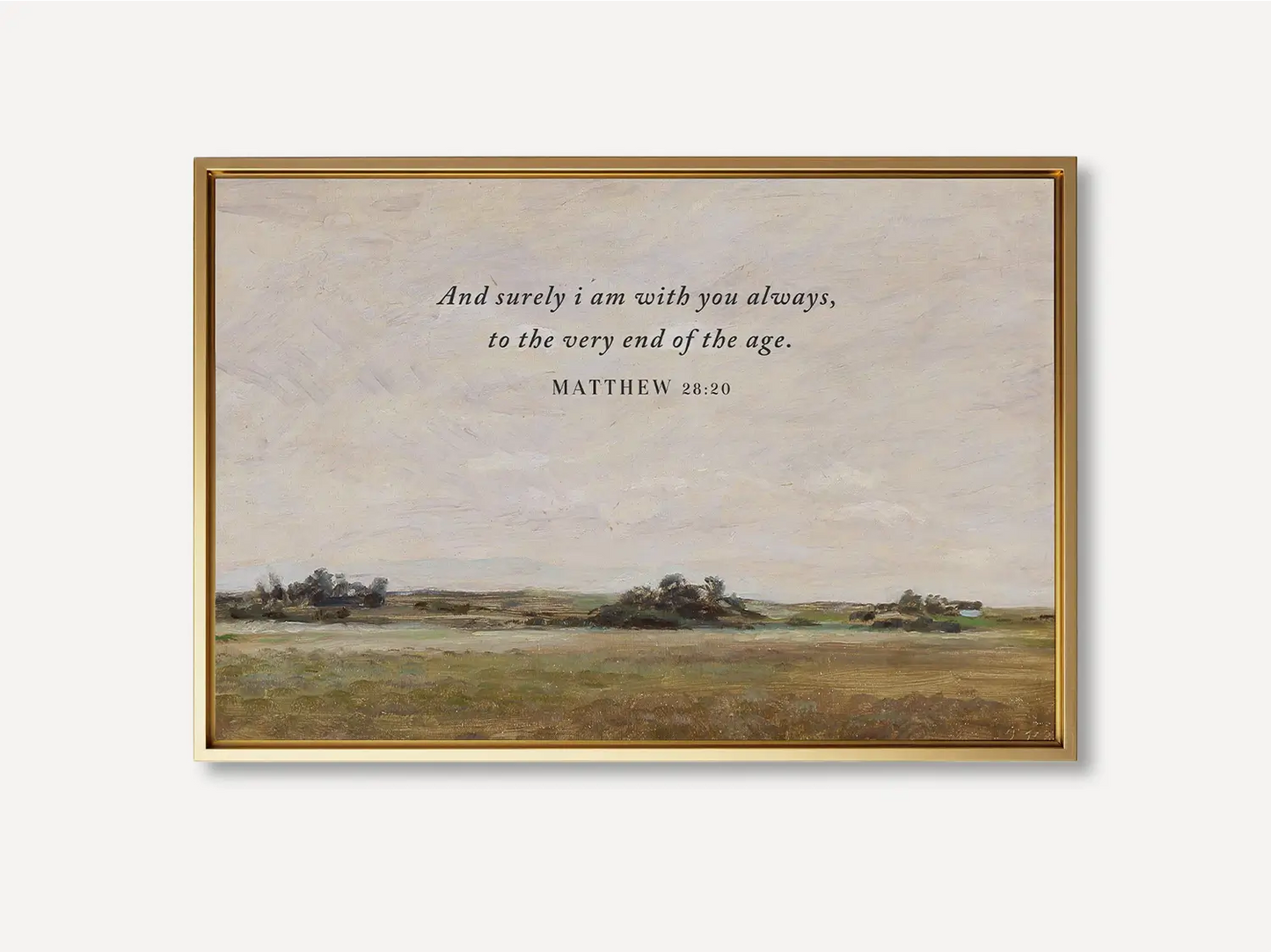 Anchor your faith in the promise of Christ's eternal presence with this inspiring Christian wall art. This framed print features a serene landscape painting paired with the comforting final words of Jesus: "And surely I am with you always, to the very end of the age."