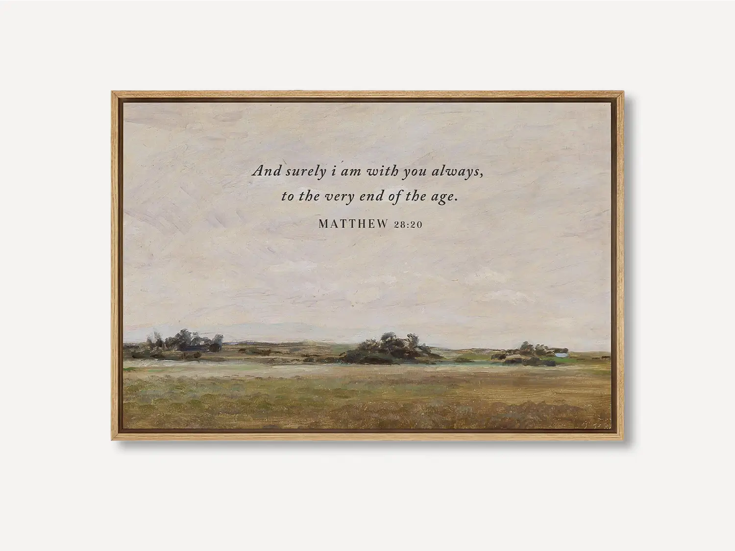 Anchor your faith in the promise of Christ's eternal presence with this inspiring Christian wall art. This framed print features a serene landscape painting paired with the comforting final words of Jesus: "And surely I am with you always, to the very end of the age."
