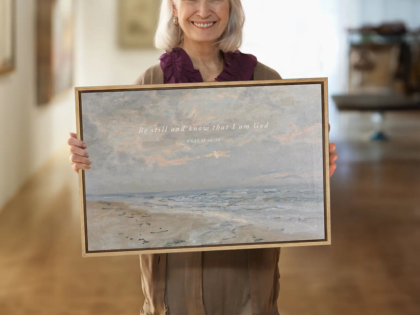 Invite calm and faith into your home with this inspiring Christian wall art. This framed print features a serene coastal landscape paired with the powerful, comforting command from Psalm 46:10 to Be Still and Know That I Am God.