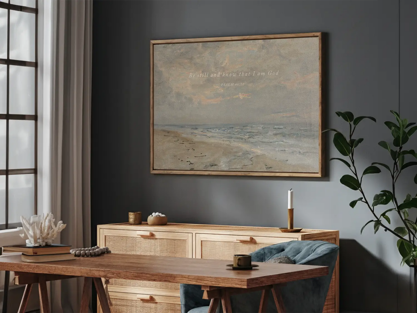 Invite calm and faith into your home with this inspiring Christian wall art. This framed print features a serene coastal landscape paired with the powerful, comforting command from Psalm 46:10 to Be Still and Know That I Am God.