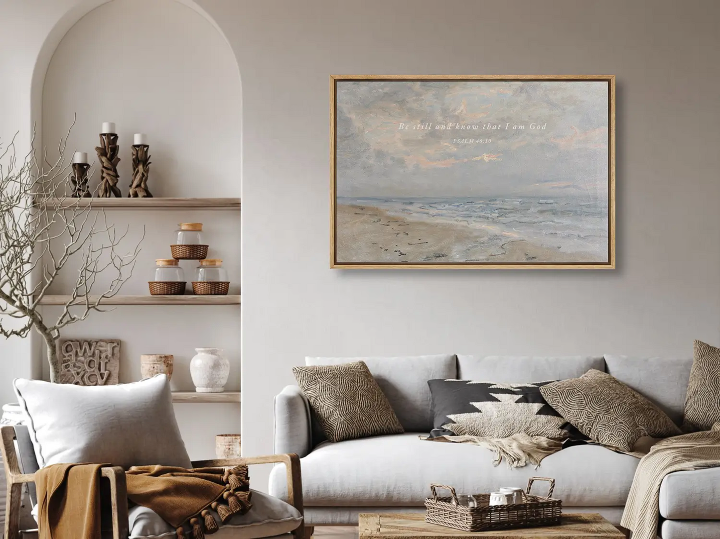 Invite calm and faith into your home with this inspiring Christian wall art. This framed print features a serene coastal landscape paired with the powerful, comforting command from Psalm 46:10 to Be Still and Know That I Am God.