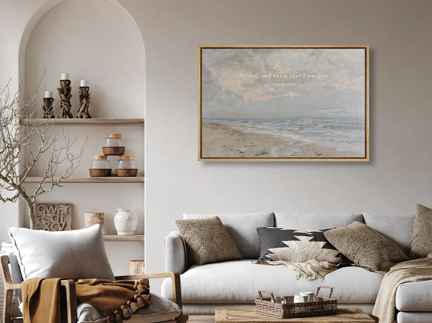Invite calm and faith into your home with this inspiring Christian wall art. This framed print features a serene coastal landscape paired with the powerful, comforting command from Psalm 46:10 to Be Still and Know That I Am God.