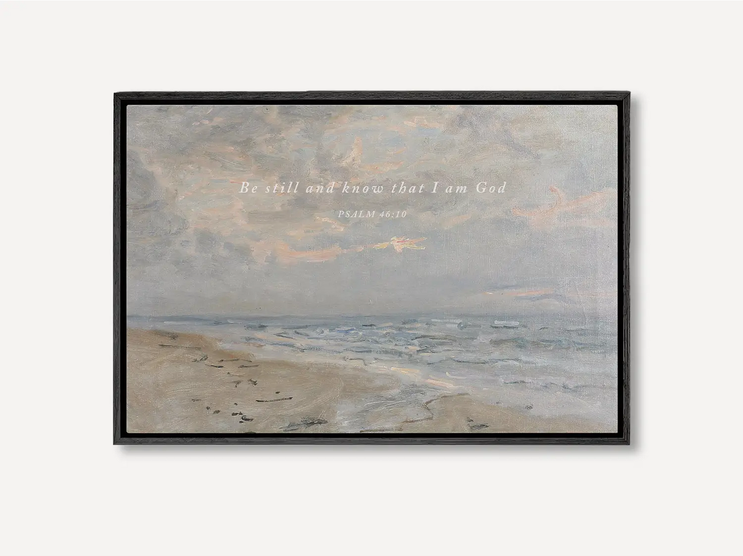 Invite calm and faith into your home with this inspiring Christian wall art. This framed print features a serene coastal landscape paired with the powerful, comforting command from Psalm 46:10 to Be Still and Know That I Am God.