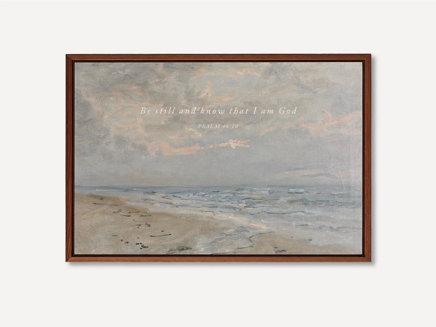 Invite calm and faith into your home with this inspiring Christian wall art. This framed print features a serene coastal landscape paired with the powerful, comforting command from Psalm 46:10 to Be Still and Know That I Am God.