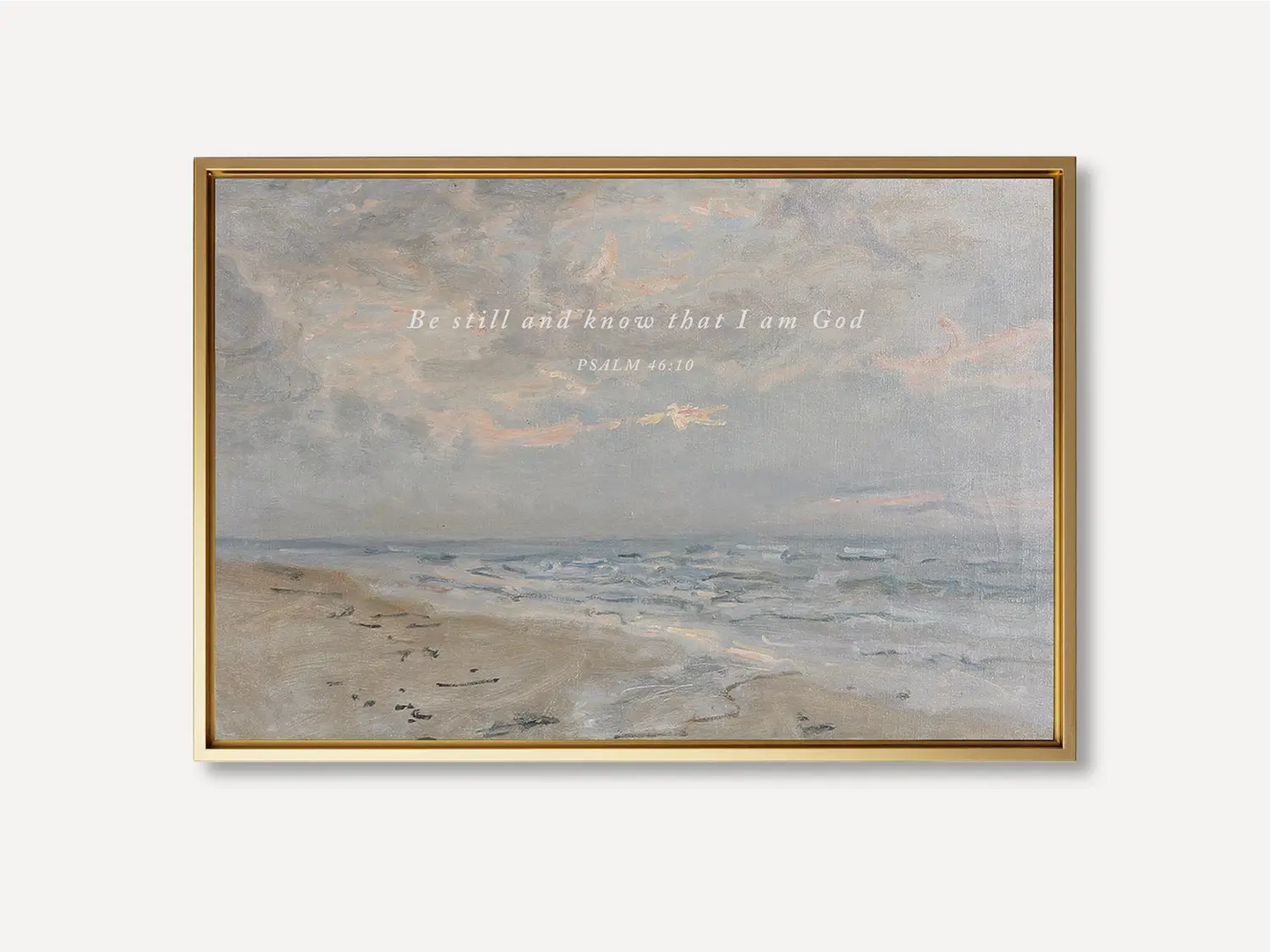 Invite calm and faith into your home with this inspiring Christian wall art. This framed print features a serene coastal landscape paired with the powerful, comforting command from Psalm 46:10 to Be Still and Know That I Am God.